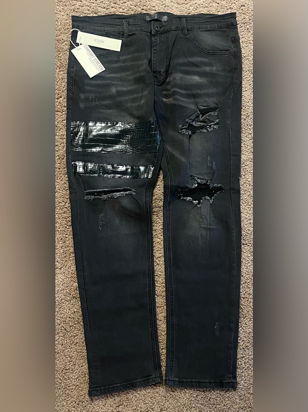 KDNK Men's Distressed Black Patch Denim Jeans